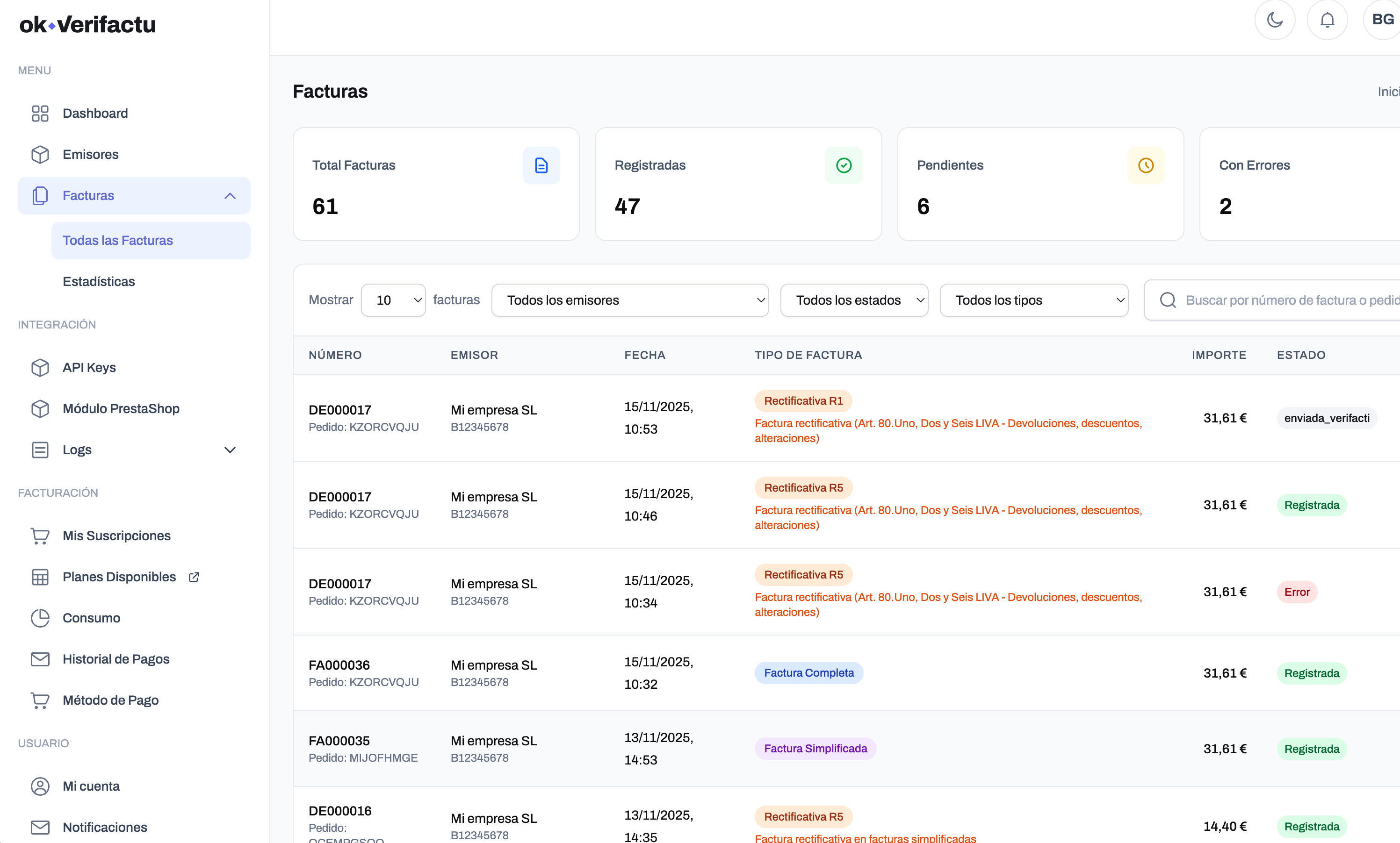 Panel de control de OkVerifactu mostrando facturas